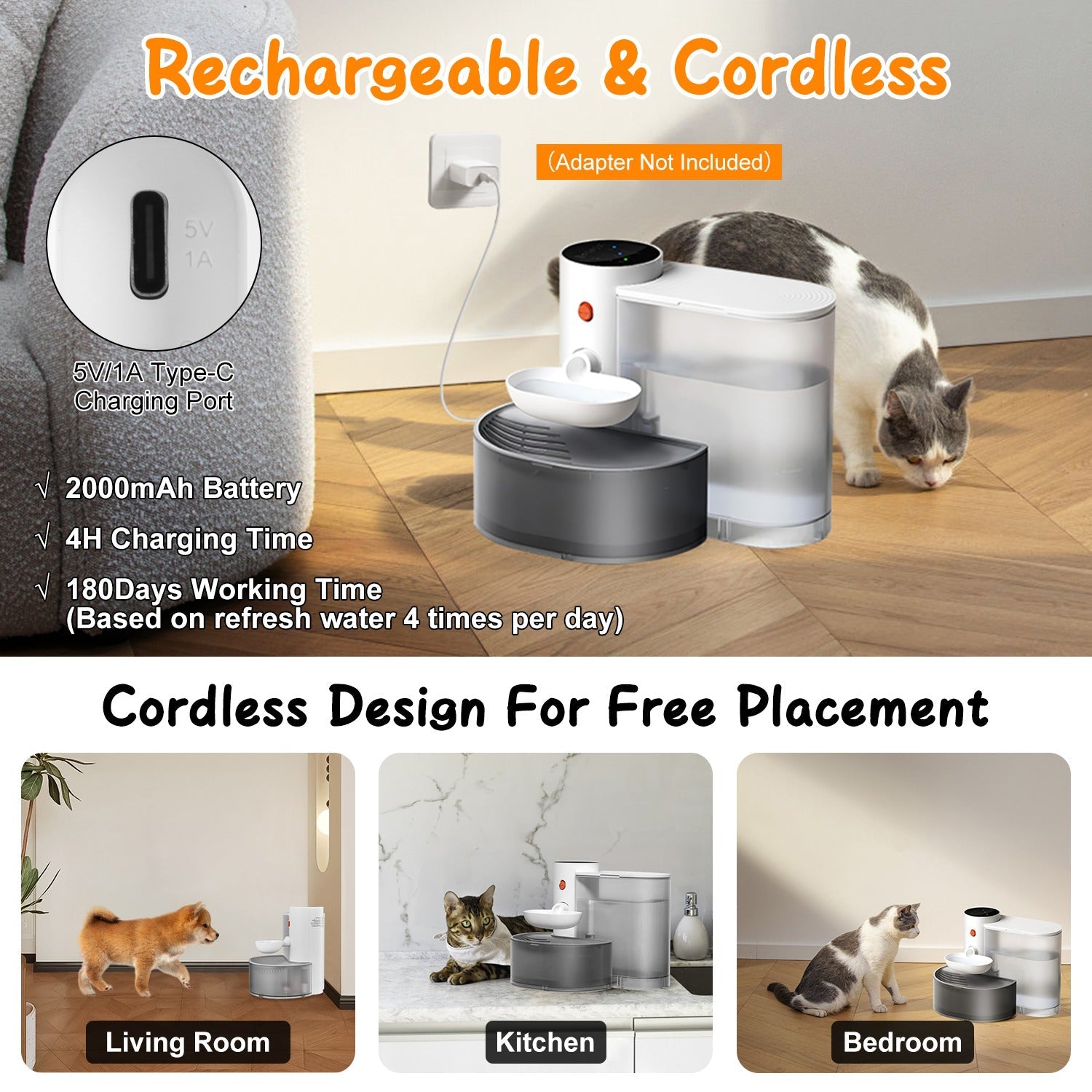 Smart Pet Water Fountain Automatic Cat Water Dispenser 3L/101OZ Cordless Rechargeable Dog Water Fountain Self-Refill with 3 Adjustable Volume 3 Time I - Majestic Pet Kingdom