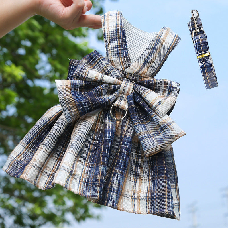 Pet Plaid Skirt Chest Strap Hand Holding Rope