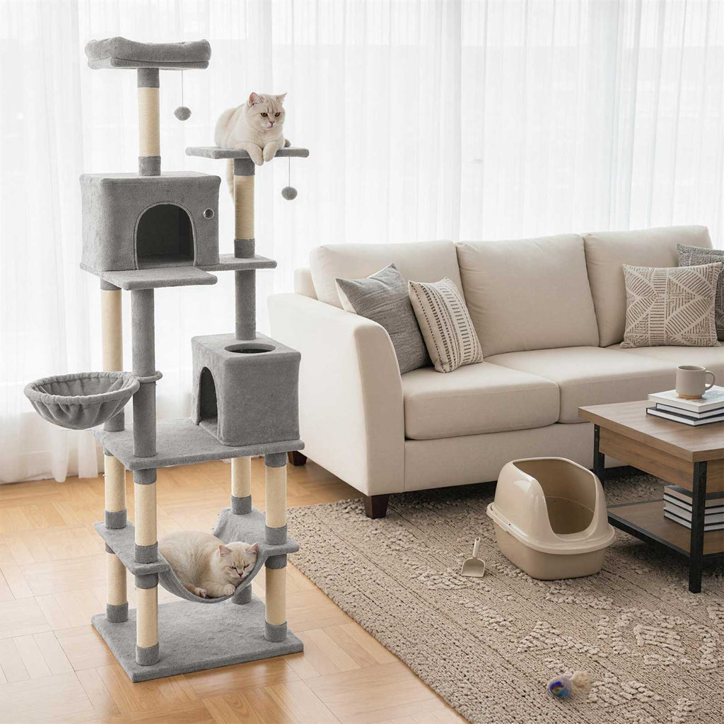 80 Inches Tall Cat Tree with 2 Large Condos and Dangling Toys - Majestic Pet Kingdom