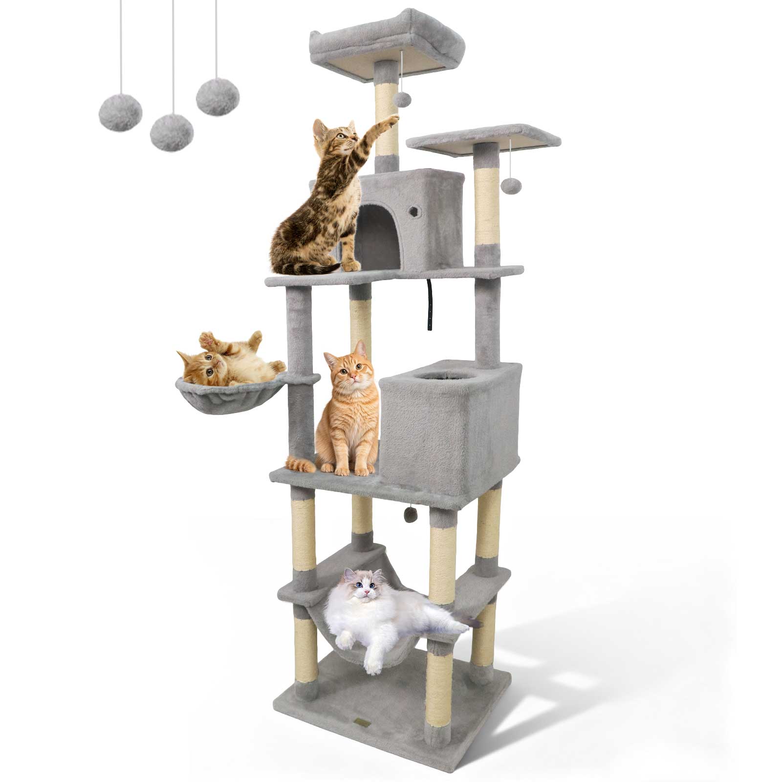 80 Inches Tall Cat Tree with 2 Large Condos and Dangling Toys - Majestic Pet Kingdom