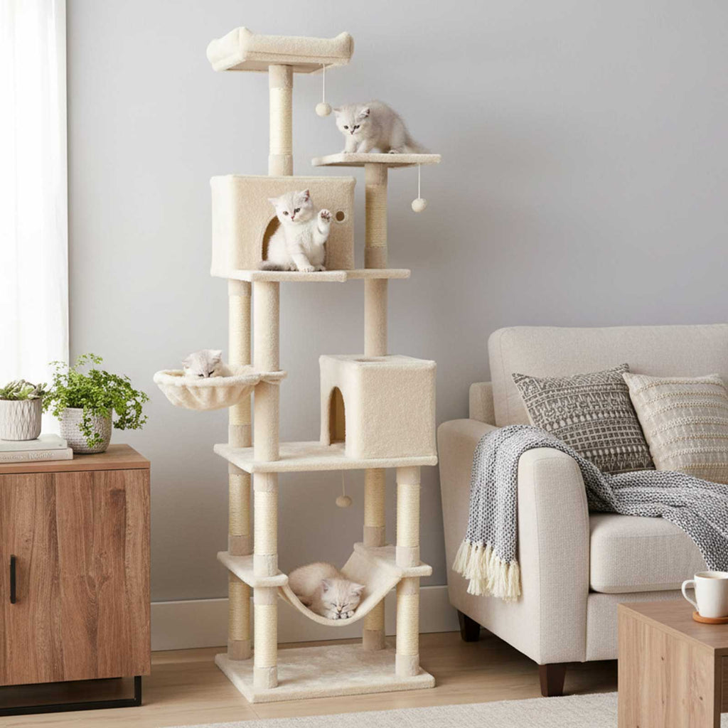 80 Inches Tall Cat Tree with 2 Large Condos and Dangling Toys - Majestic Pet Kingdom
