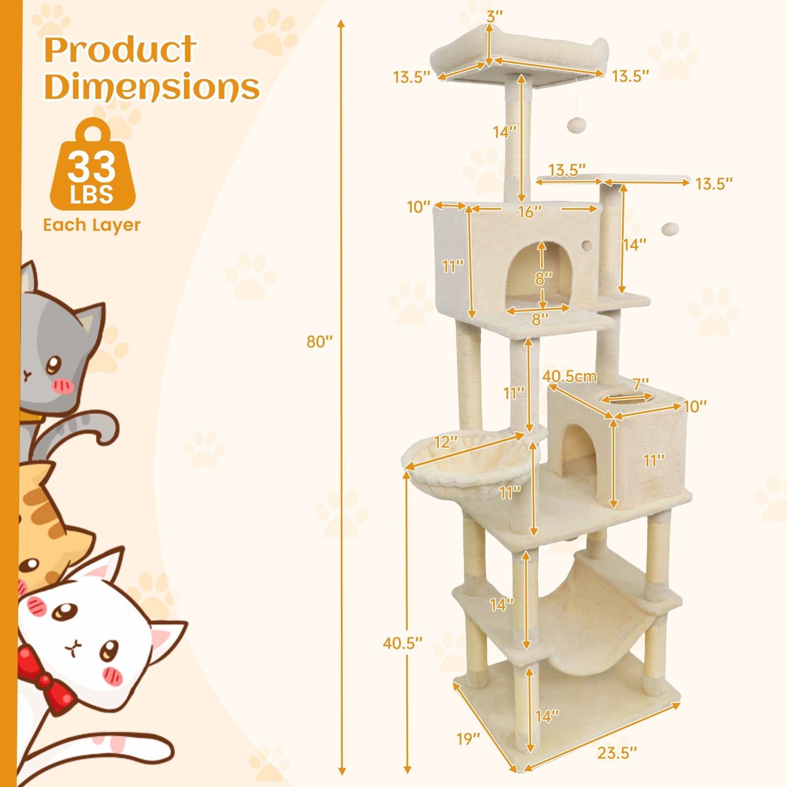 80 Inches Tall Cat Tree with 2 Large Condos and Dangling Toys - Majestic Pet Kingdom