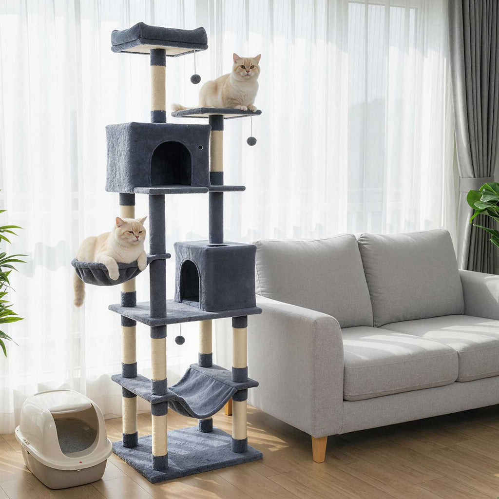 80 Inches Tall Cat Tree with 2 Large Condos and Dangling Toys - Majestic Pet Kingdom