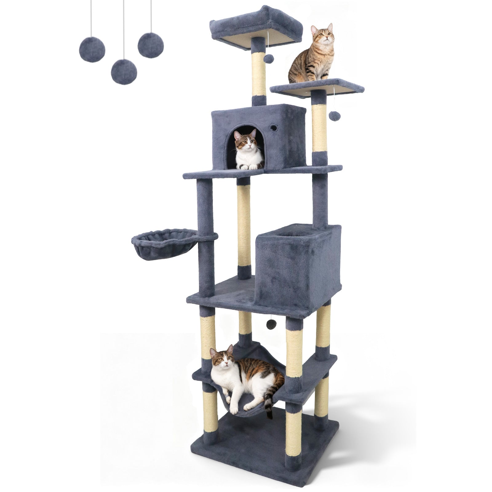 80 Inches Tall Cat Tree with 2 Large Condos and Dangling Toys - Majestic Pet Kingdom