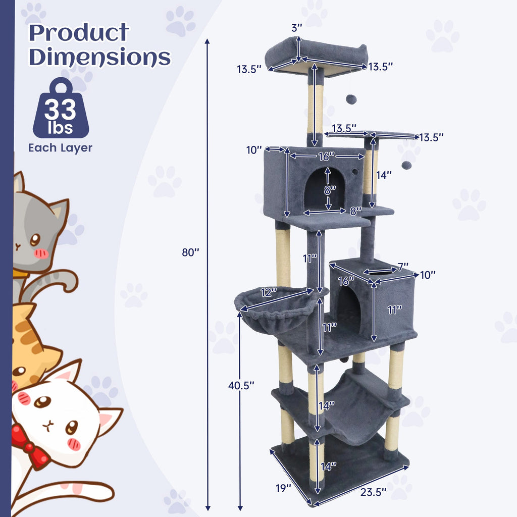 80 Inches Tall Cat Tree with 2 Large Condos and Dangling Toys - Majestic Pet Kingdom