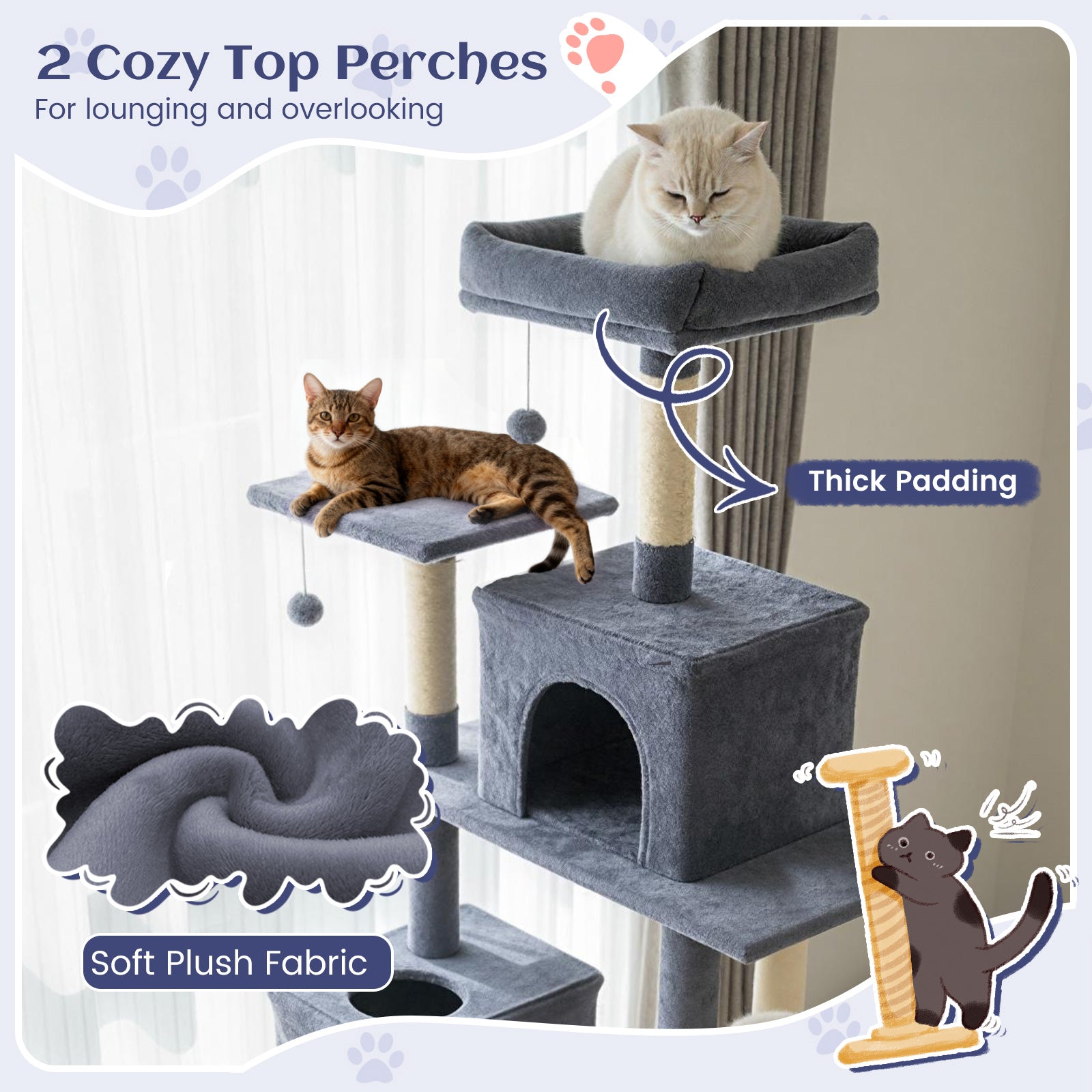 80 Inches Tall Cat Tree with 2 Large Condos and Dangling Toys - Majestic Pet Kingdom