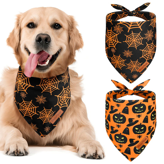 Awumbuk Halloween Dog Bandanas 2 Pack Reversible Pumpkin Spider Web Black - Main Feature View | Majestic Pet Kingdom