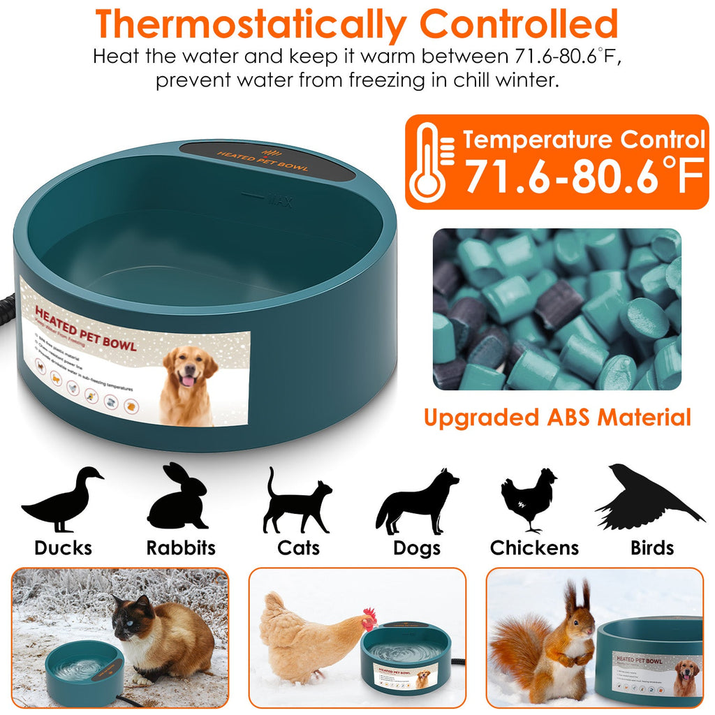 Heated Water Bowl for Dog Cat 74.4OZ Heating Water Dish IP67 Waterproof Thermal Water Bowl Heated Pet Bowl Dog Cat Water Feeder Bowl for Dog Cat Rabbi - Majestic Pet Kingdom