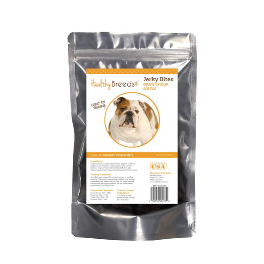 Healthy Breeds Bulldog Jerky Bites Chicken & Rice Recipe Dog Treats 5 oz - Main Feature View | Majestic Pet Kingdom