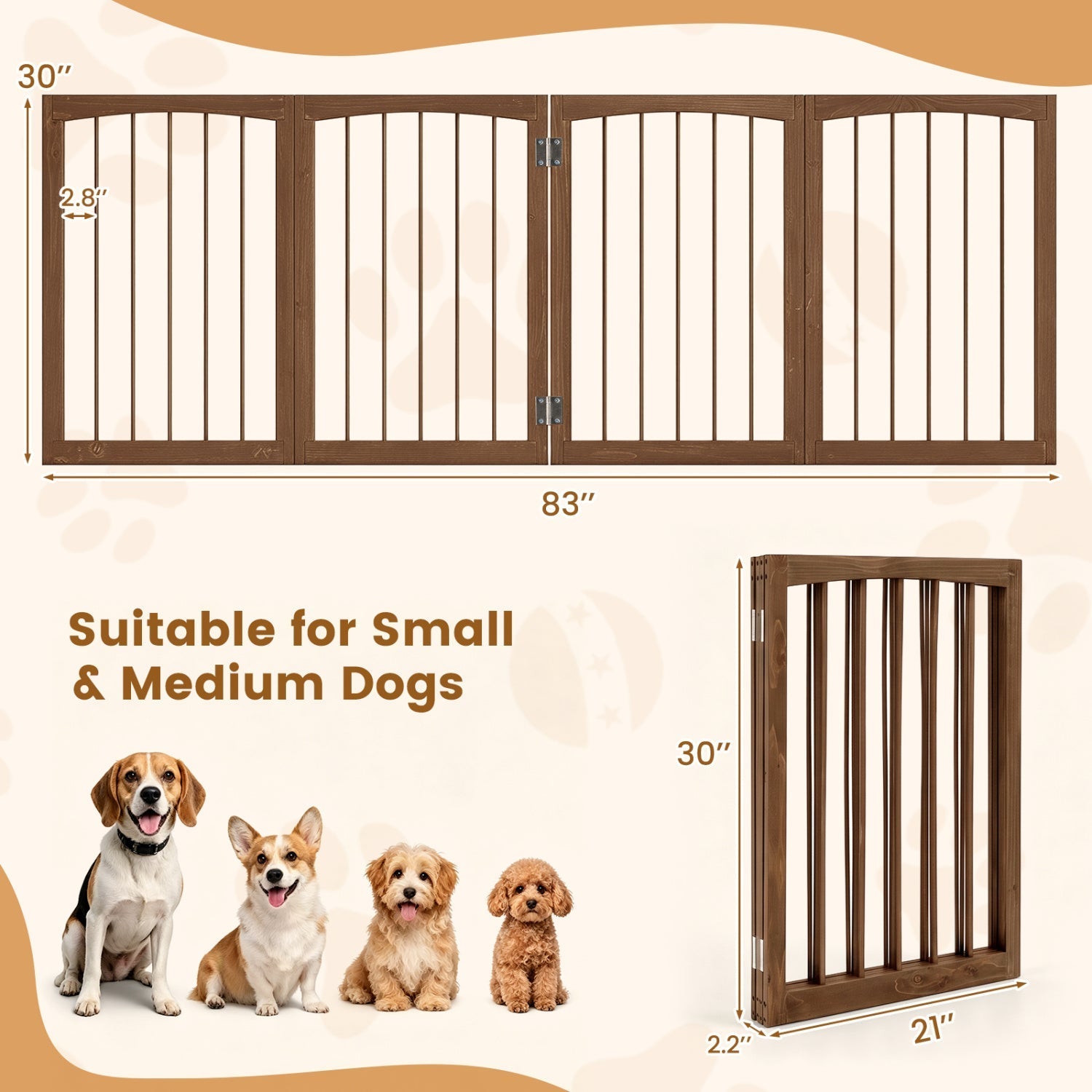 4-Panel Wooden Pet Gate 83" x 30" Freestanding Dog Fence | Purrfect Pet Kingdom