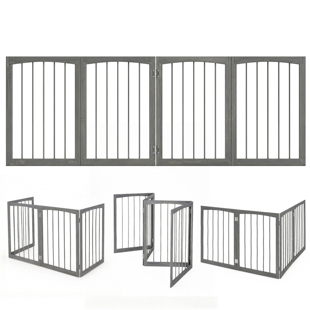 4-Panel Wooden Pet Gate 83" x 30" Freestanding Dog Fence