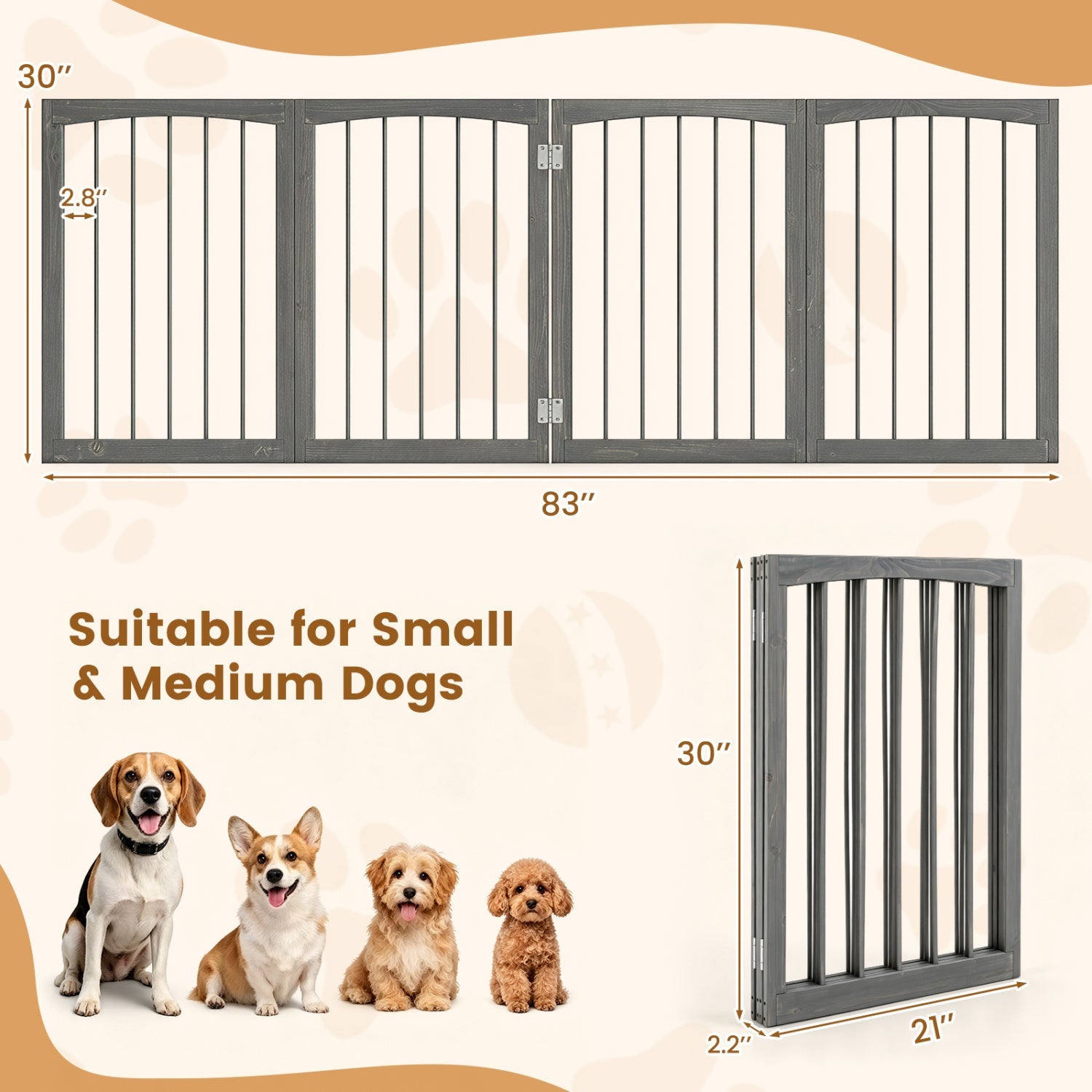 4-Panel Wooden Pet Gate 83" x 30" Freestanding Dog Fence