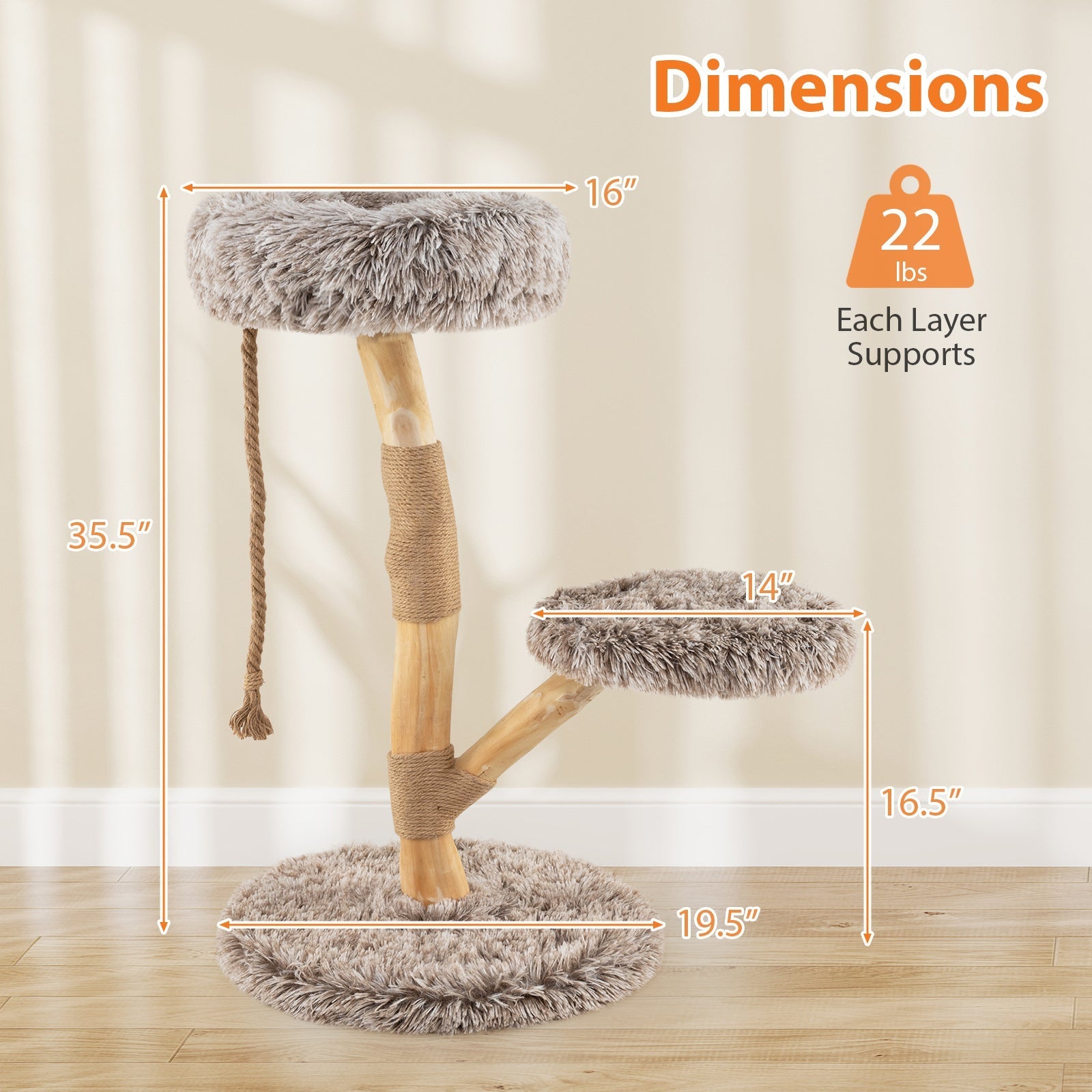 Modern Wooden Cat Tree Tower with Perch and Natural Jute Scratching Posts-Brown - Majestic Pet Kingdom