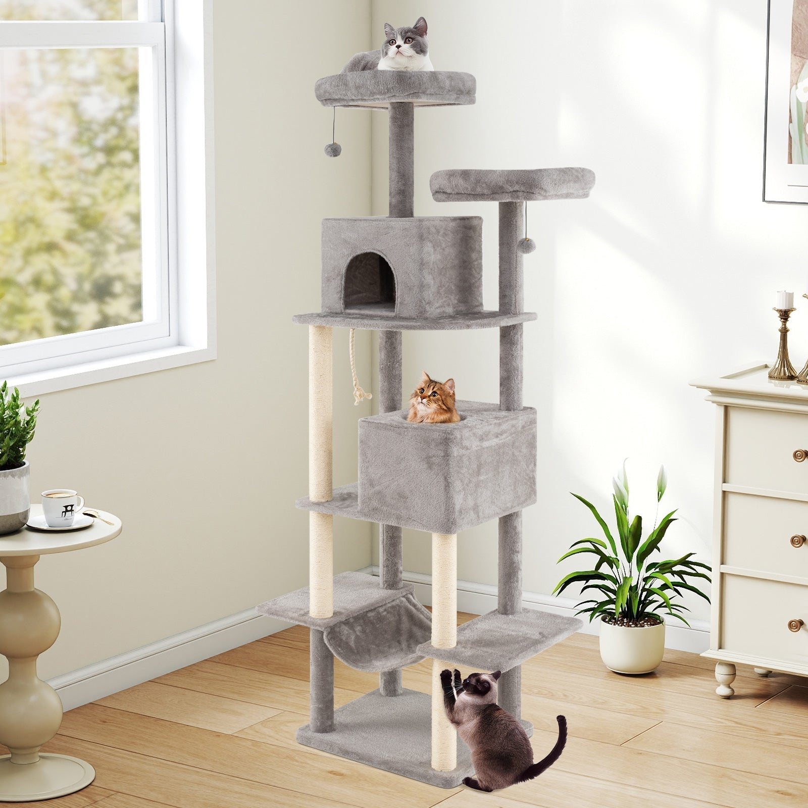 84 Inch Large Cat Tree with 2 Condos and 2 Soft Plush Perches for Indoor Cats-Gray - Majestic Pet Kingdom