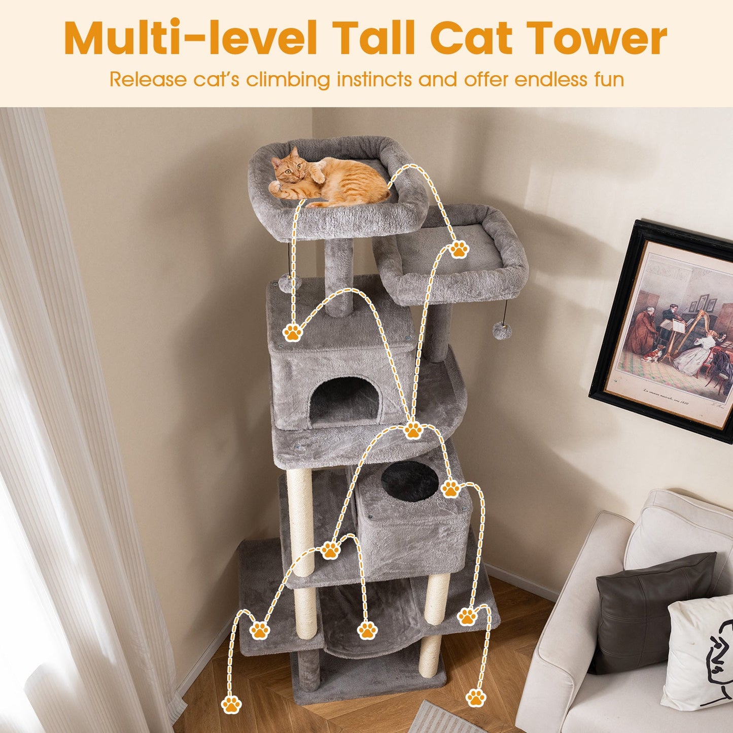 Cat Tree 84-Inch Large Tower 2 Condos Plush Perches Gray - Detail Angle 6 | Majestic Pet Kingdom