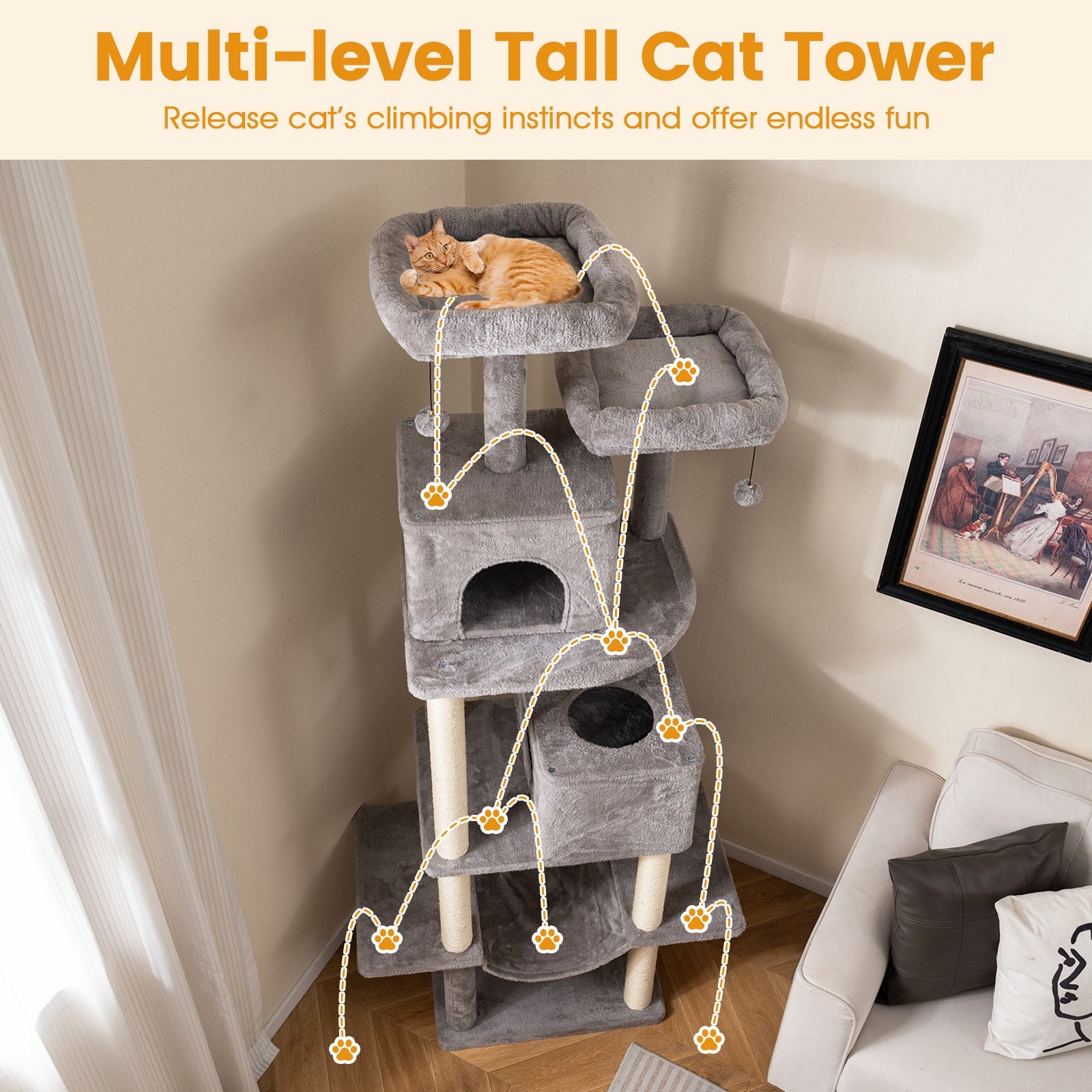84 Inch Large Cat Tree with 2 Condos and 2 Soft Plush Perches for Indoor Cats-Gray - Majestic Pet Kingdom