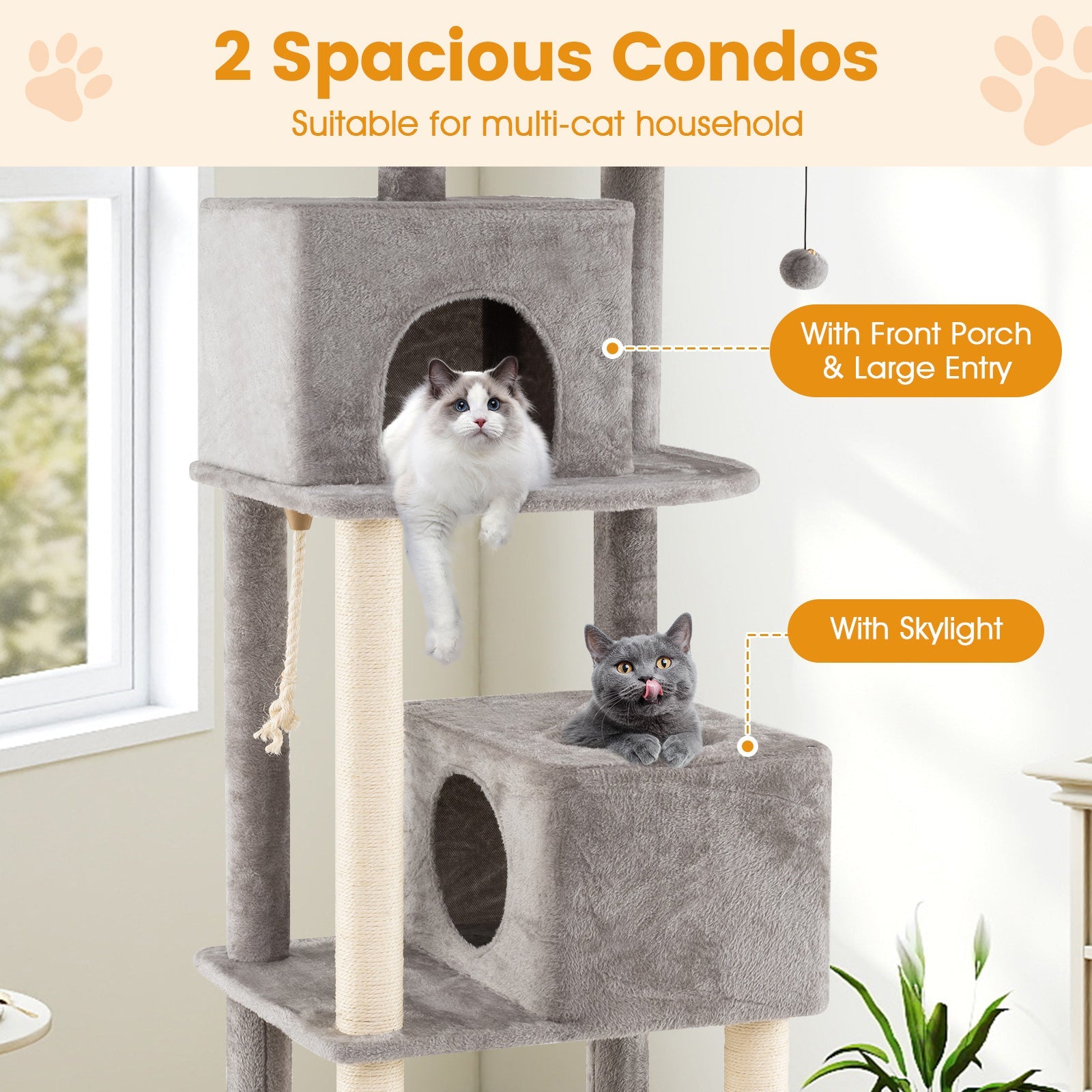 84 Inch Large Cat Tree with 2 Condos and 2 Soft Plush Perches for Indoor Cats-Gray - Majestic Pet Kingdom