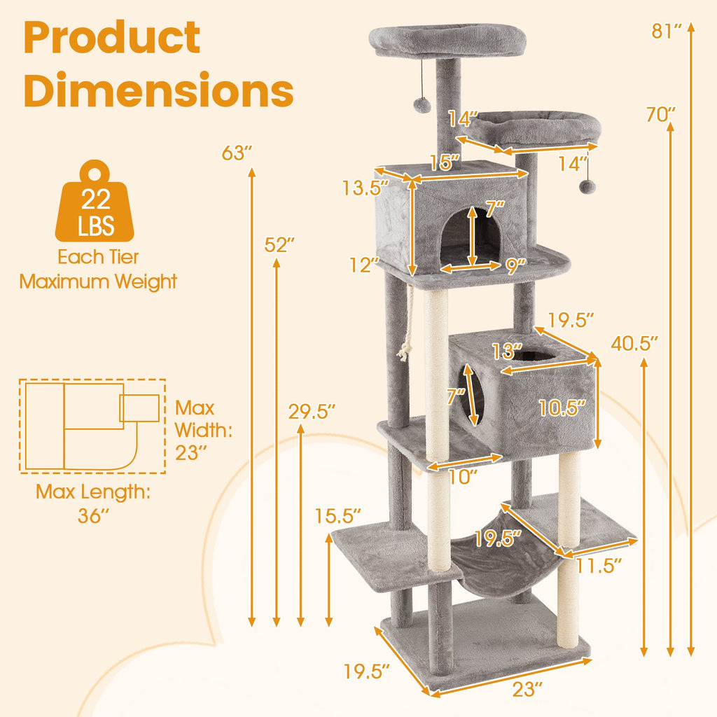 84 Inch Large Cat Tree with 2 Condos and 2 Soft Plush Perches for Indoor Cats-Gray - Majestic Pet Kingdom