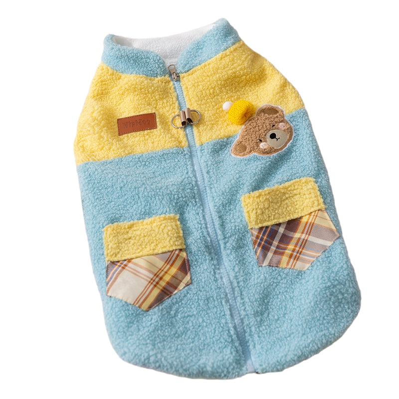 Cute Bear Embroidered Pet Fleece Jacket With Plaid Pockets, Warm Zippered Dog Coat With Leash Ring For Small Dogs - Majestic Pet Kingdom