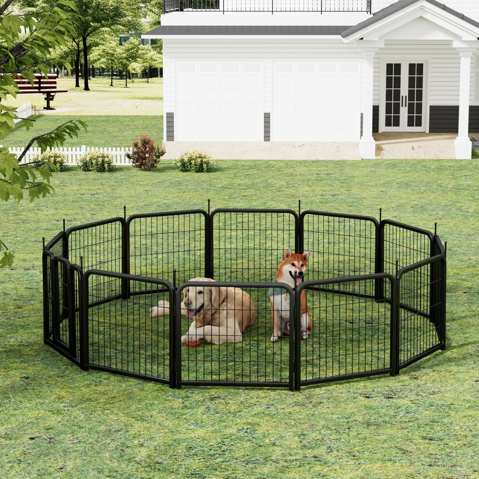 Outdoor 12 piece dog fence, 24 inch portable indoor game fence for small dog pets. Black, 22.2 inches wide x 23.6 inches high. - Majestic Pet Kingdom