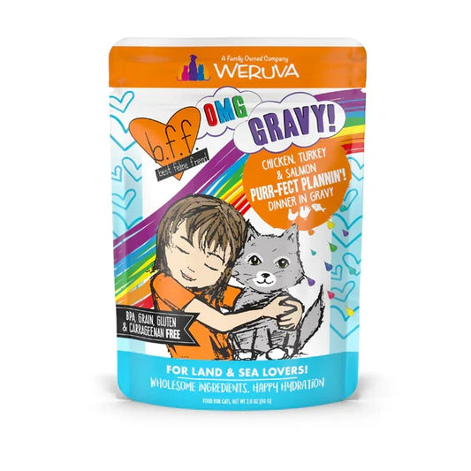 BFF OMG Adult Purr-fect Plannin' Chicken, Turkey, and Salmon Wet Cat Pouch (2.8oz) - Majestic Pet Kingdom