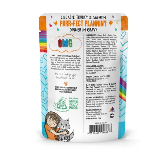BFF OMG Adult Purr-fect Plannin' Chicken, Turkey, and Salmon Wet Cat Pouch (2.8oz) - Majestic Pet Kingdom