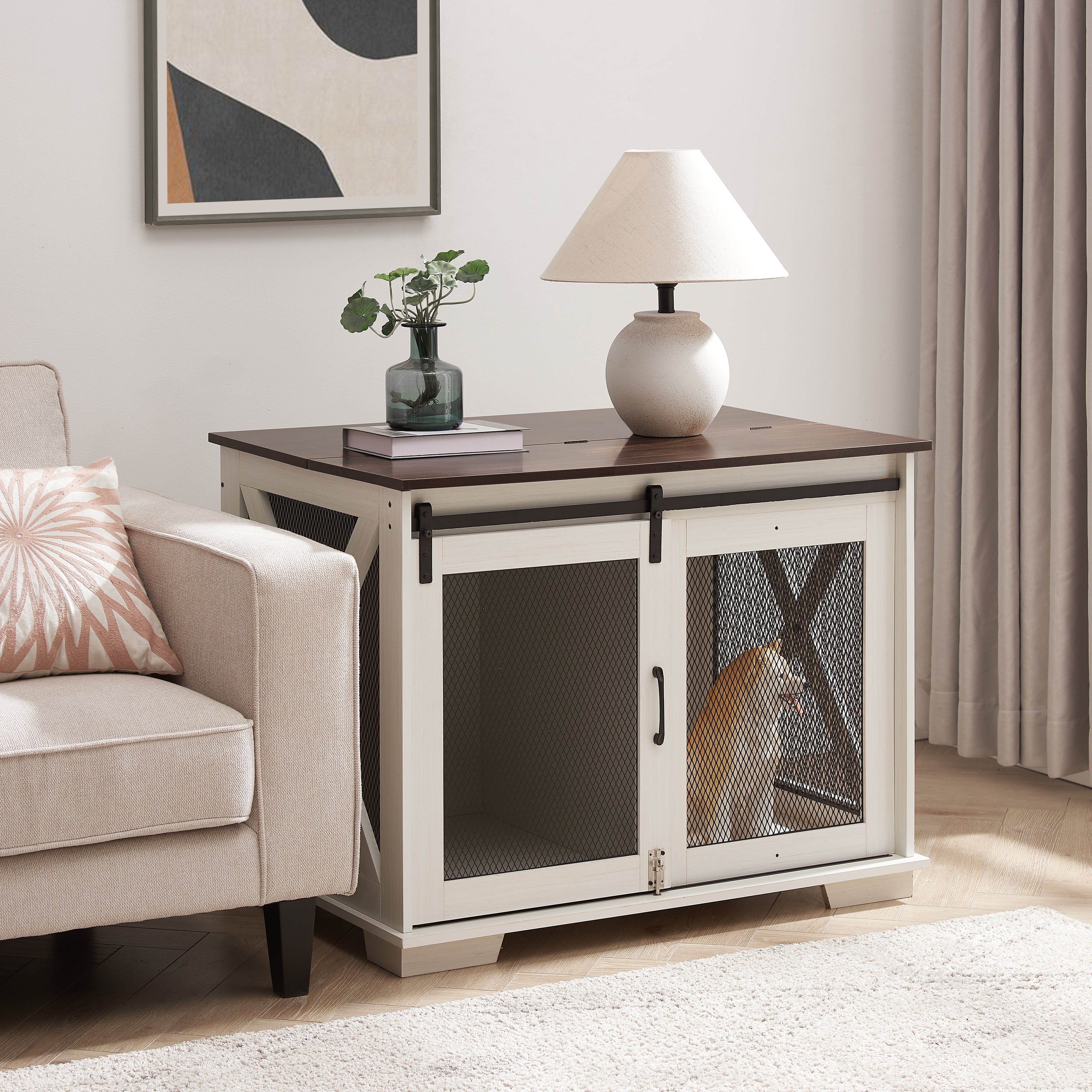 Farm kennel Flat noodles furniture with sliding barn door, farm wooden kennel end table, dog house with removable partition