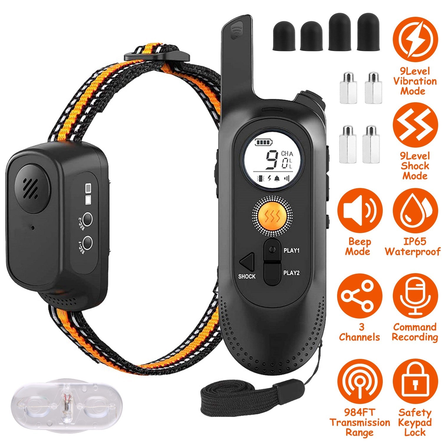 984FT Dog Training Collar IP65 Waterproof Pet Beep Vibration Electric Shock Collar 3 Channels Rechargeable Transmitter Receiver Trainer with Recording - Majestic Pet Kingdom