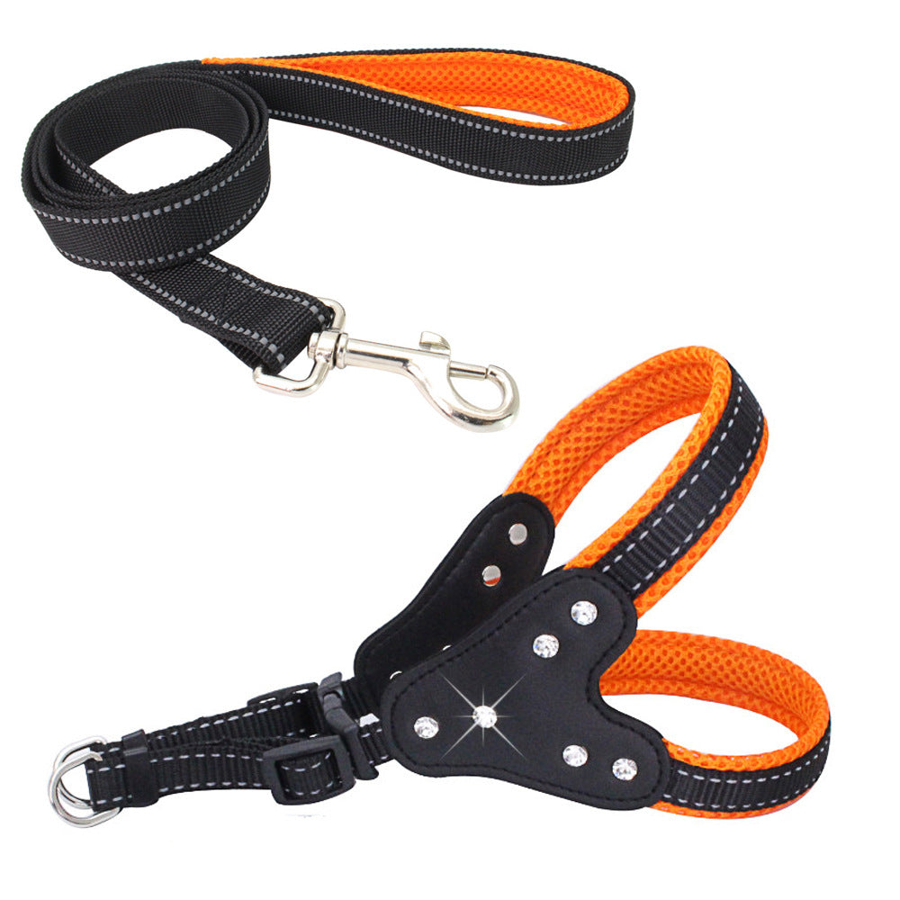 Comfortable Mesh Fabric Shiny Rhinestone Pet Hand Holding Rope Reflective Dog Breast Strap Vest Style
