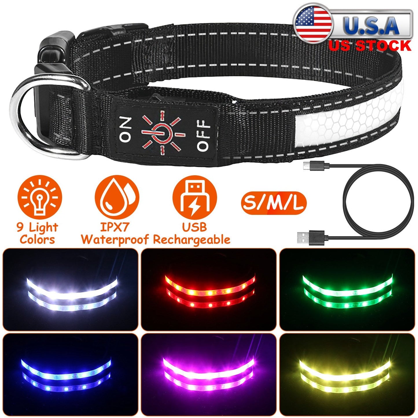 Dog Collar LED Glowing Light-Up 9-Color IPX7 Waterproof Strap - Detail Angle 3 | Majestic Pet Kingdom