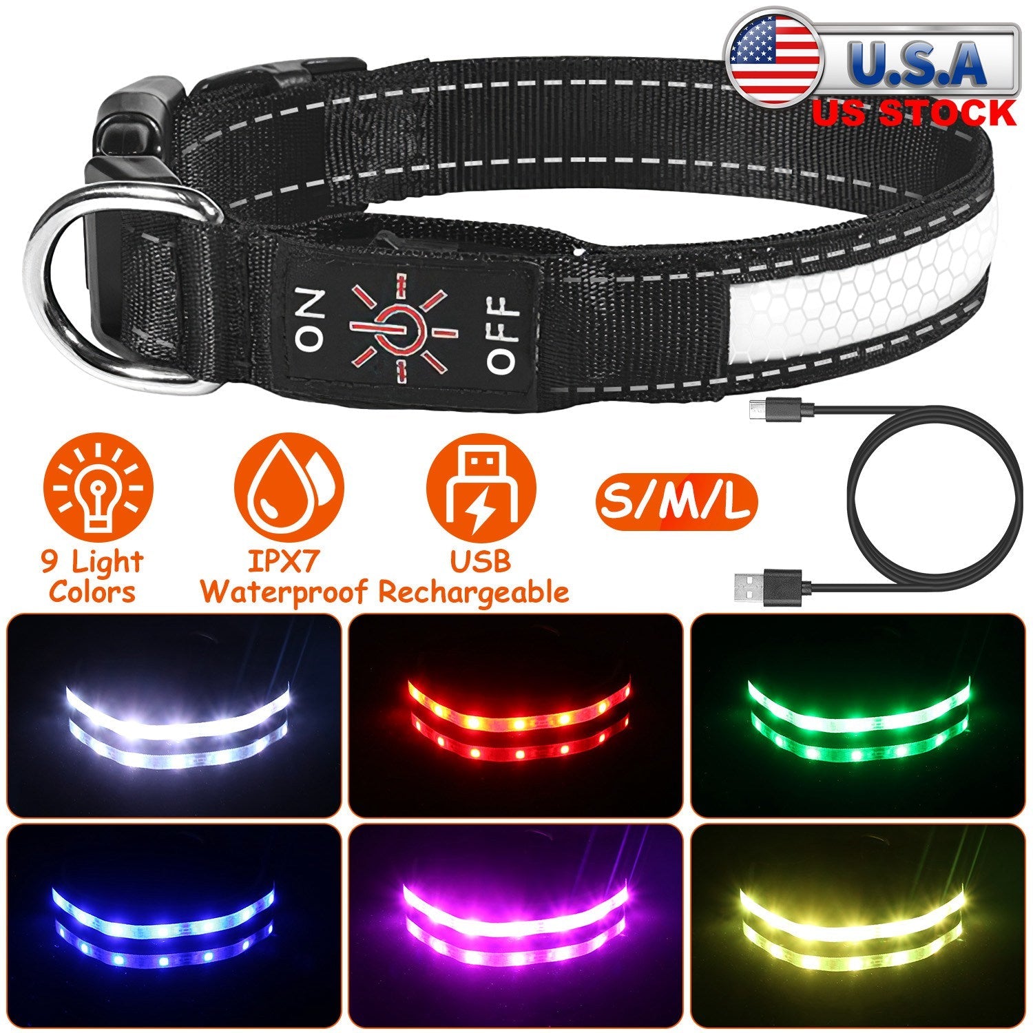 Dog Collar LED Glowing Light-Up 9-Color IPX7 Waterproof Strap - Detail Angle 3 | Majestic Pet Kingdom