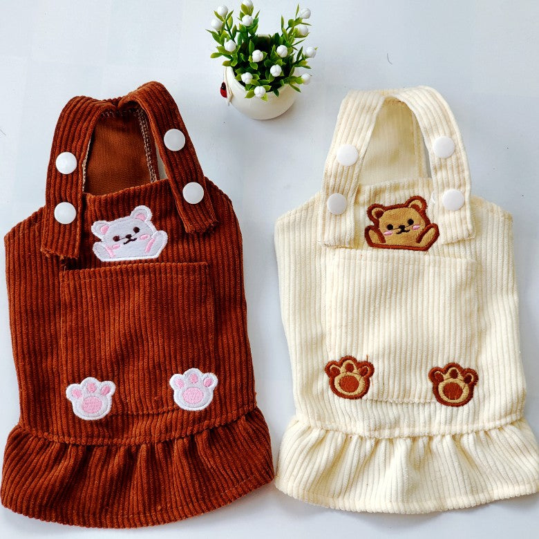 Pet Spring and Autumn Bears Embroidery Corduroy Strap Dress