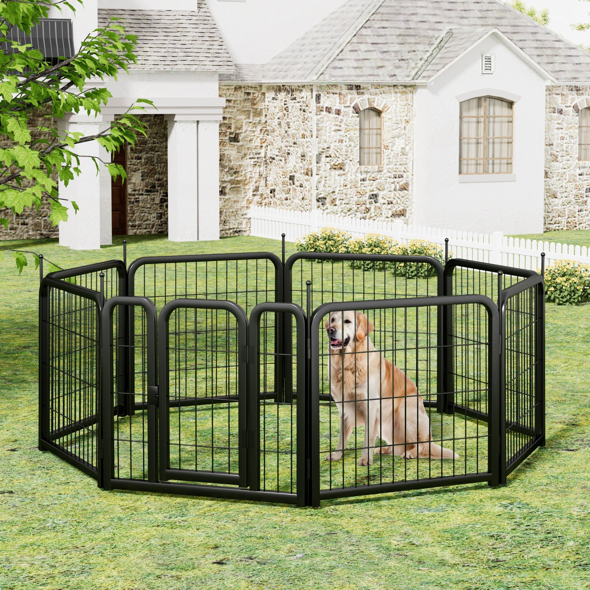 Outdoor dog fence, 8-piece board dog fence. 31 inch portable pet sports fence. Black, 26.3 inches wide x 31.5 inches high. - Majestic Pet Kingdom