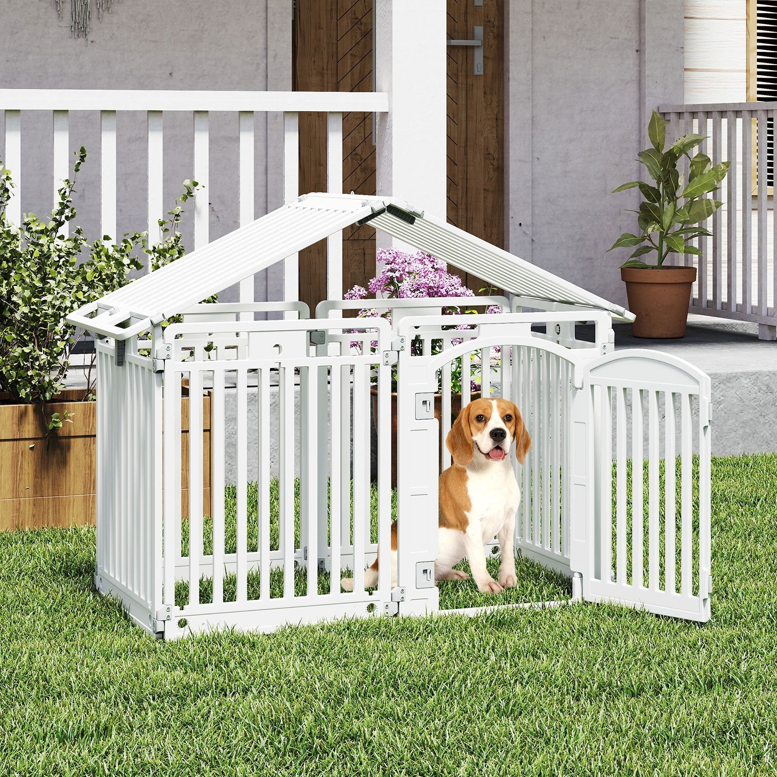 8-Panel Tall Plastic Dog Fence Indoor Outdoor Puppy Pen with Locking Door-White - Majestic Pet Kingdom