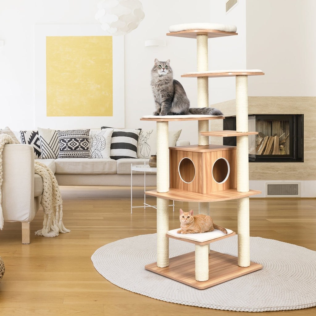 7-Layer Wooden Cat Tree Tall Cat Tower with Sisal Posts and Condo - Majestic Pet Kingdom