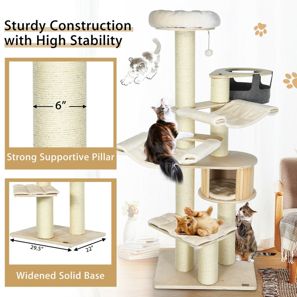 77.5-Inch Cat Tree Condo Multi-Level Kitten Activity Tower with Sisal Posts-Cream White - Majestic Pet Kingdom