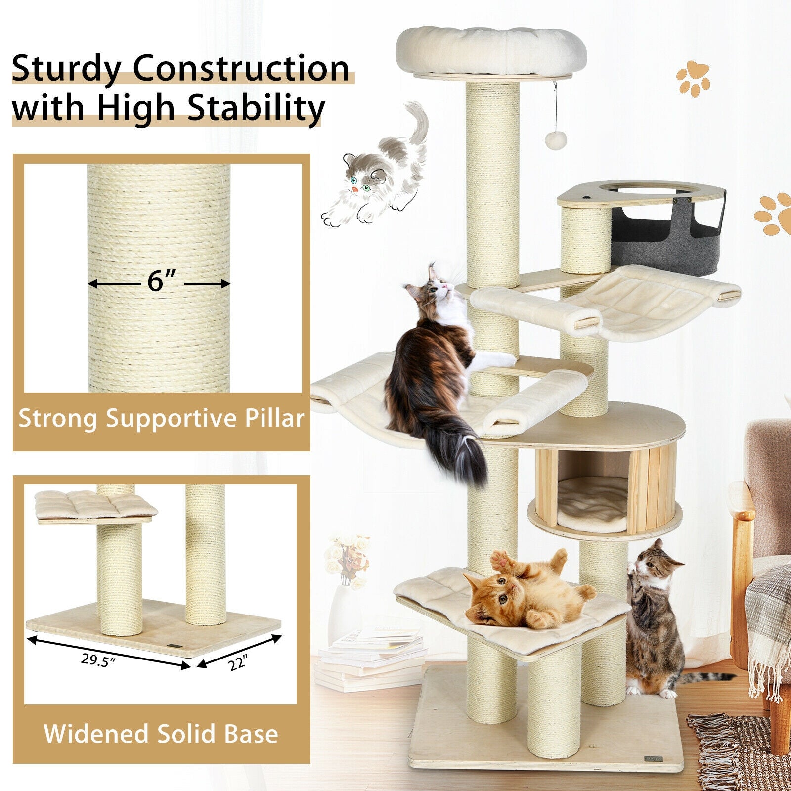 77.5-Inch Cat Tree Condo Multi-Level Kitten Activity Tower with Sisal Posts-Cream White - Majestic Pet Kingdom