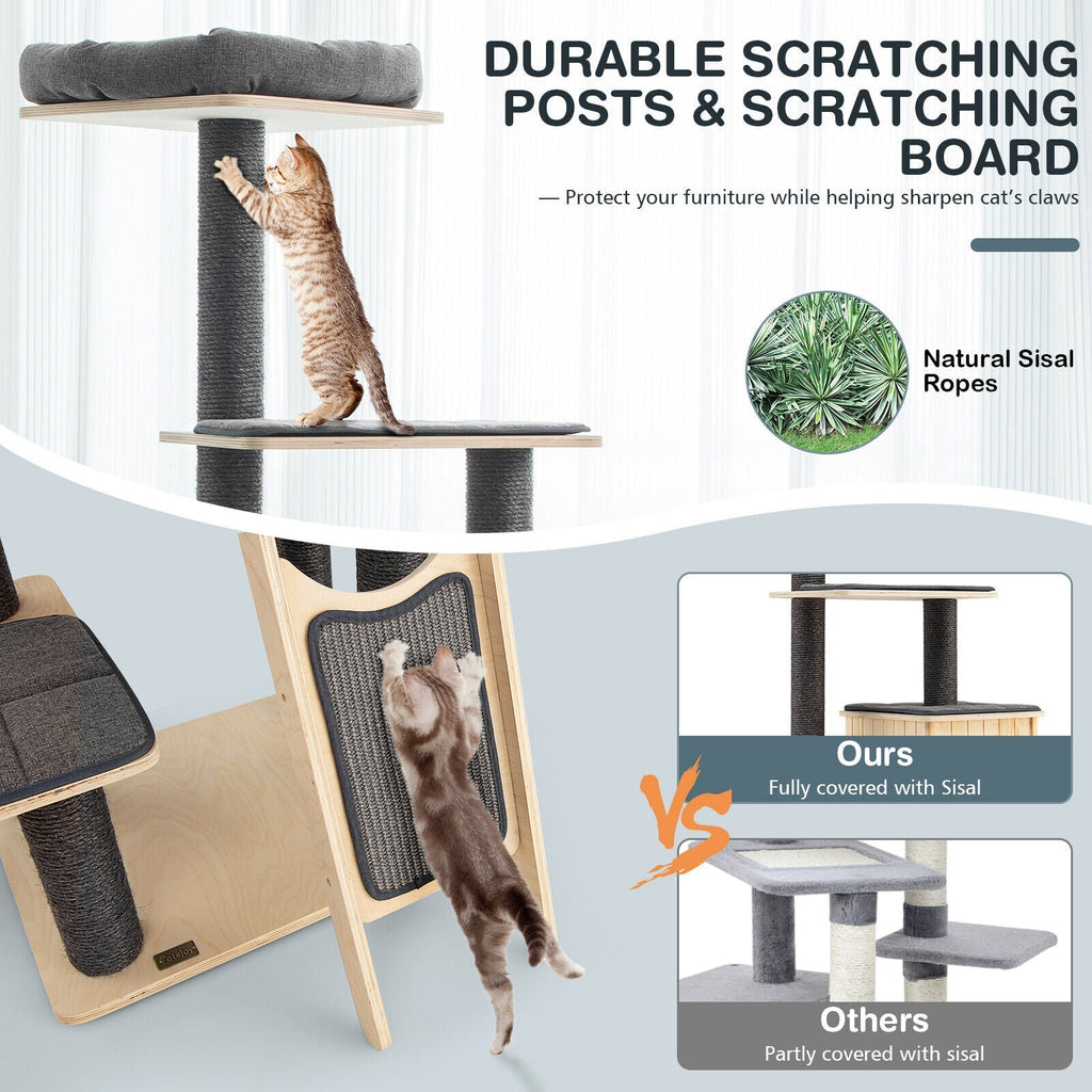 5-Tier Modern Wood Cat Tower with Washable Cushions-Gray - Majestic Pet Kingdom