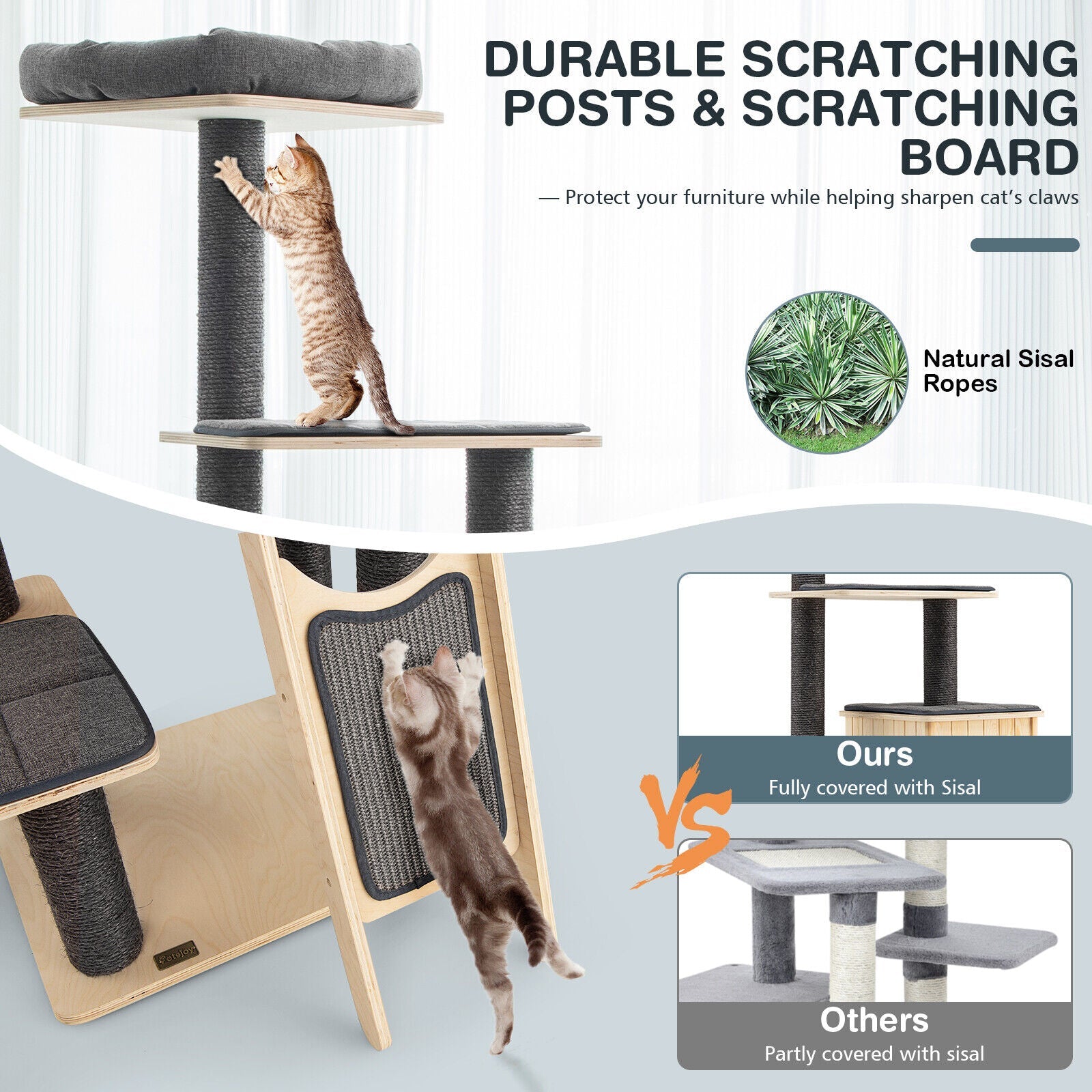 5-Tier Modern Wood Cat Tower with Washable Cushions-Gray - Majestic Pet Kingdom