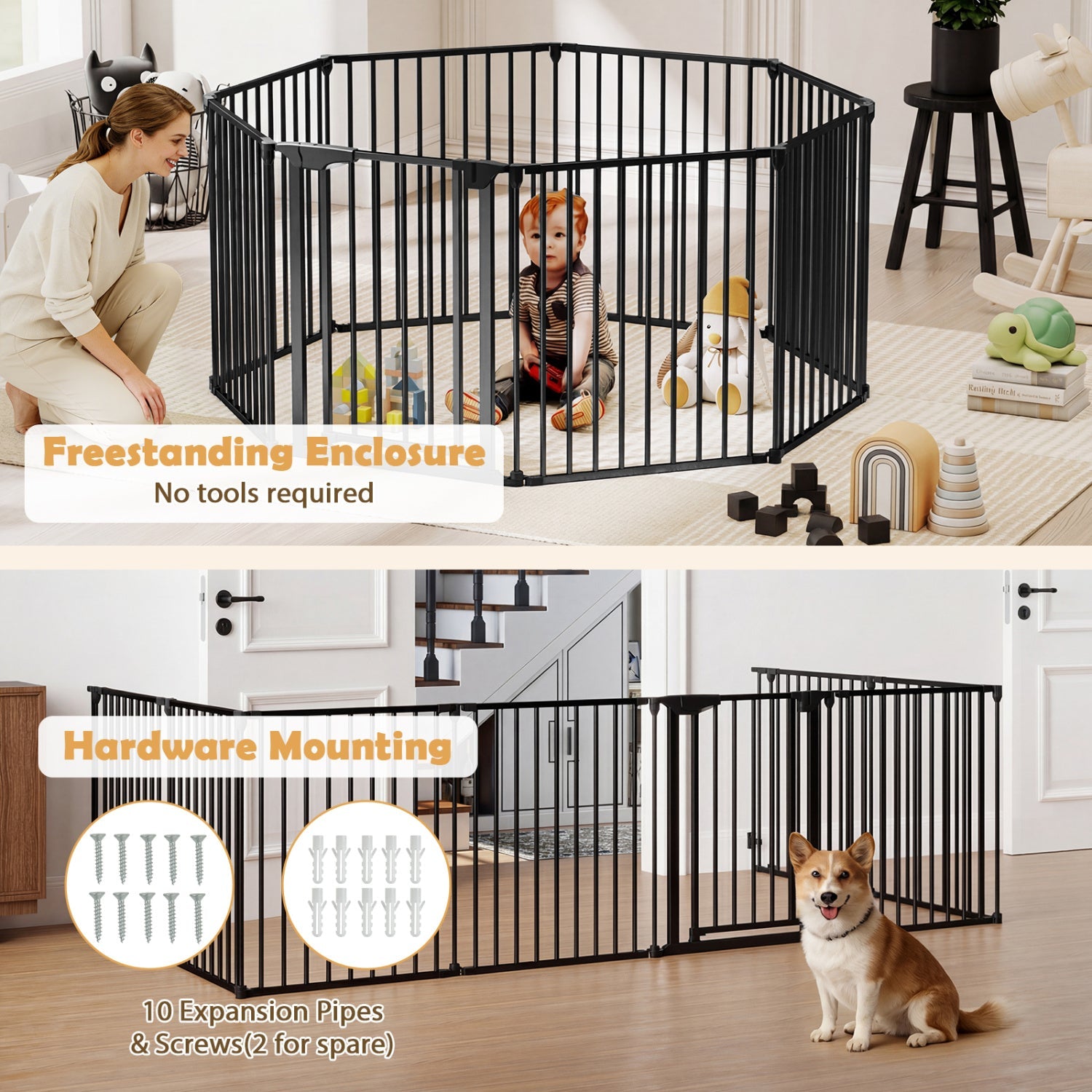 8-Panel Extra Wide Baby Gate Adjustable Pet Safety Fence with Auto-close Door