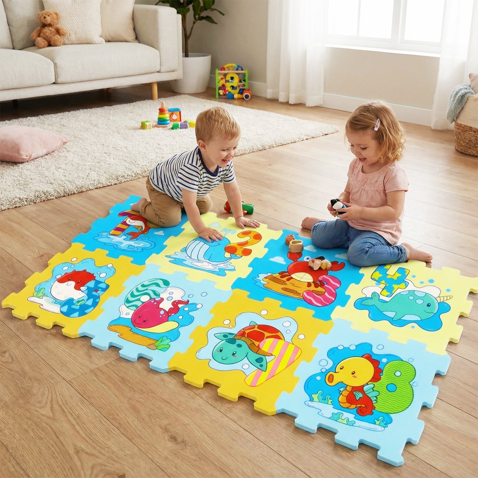 8-Piece Educational Interlocking Baby Play Mat with Animals and Numbers