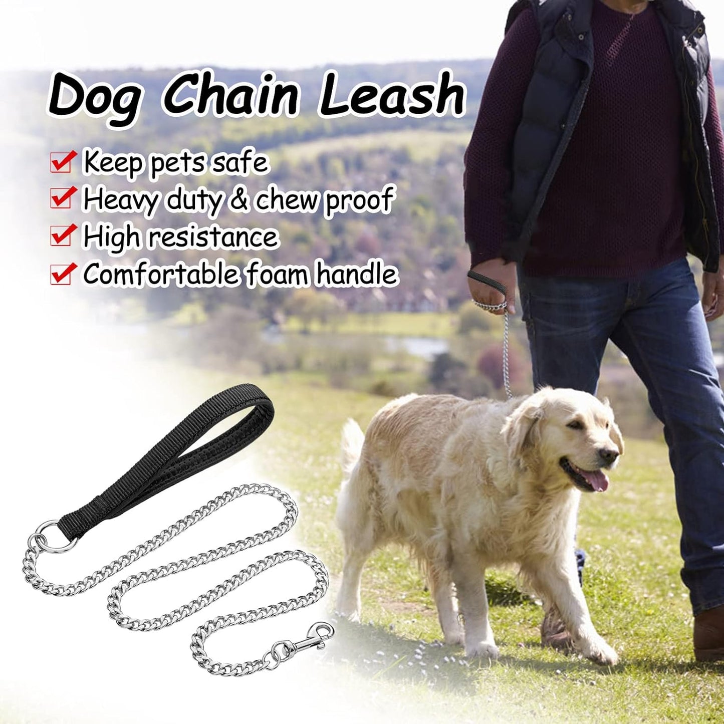 Dog Leash Metal Chain Chew-Proof Padded Handle Lead Heavy