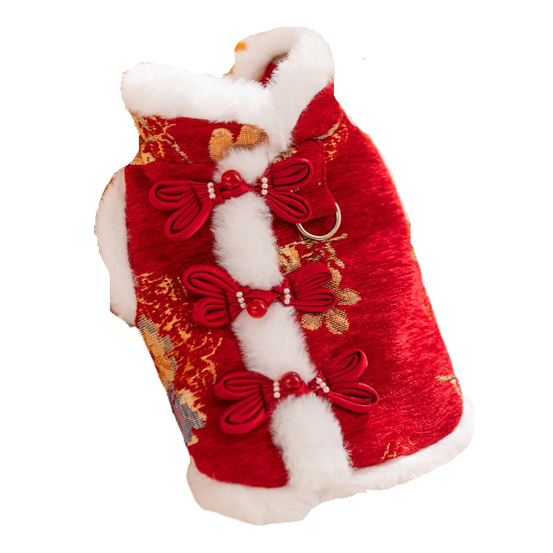 In Autumn And Winter, Cats Keep Warm. Chinese Style Of Wealth And Prosperity Bloom. New Year, Button-down Vests, Tang Suits, Little Dogs, Cotton-padded Clothes, And Pet Clothing