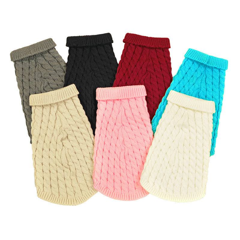 Autumn and winter pet dog cat warm solid color classic Fried Dough Twists sweater thickened turtleneck sweater - Majestic Pet Kingdom