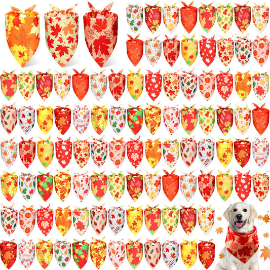 Preboun 100Pcs Fall Thanksgiving Dog Bandanas Pumpkin Maple Leaves Yellow Orange - Main Feature View | Majestic Pet Kingdom