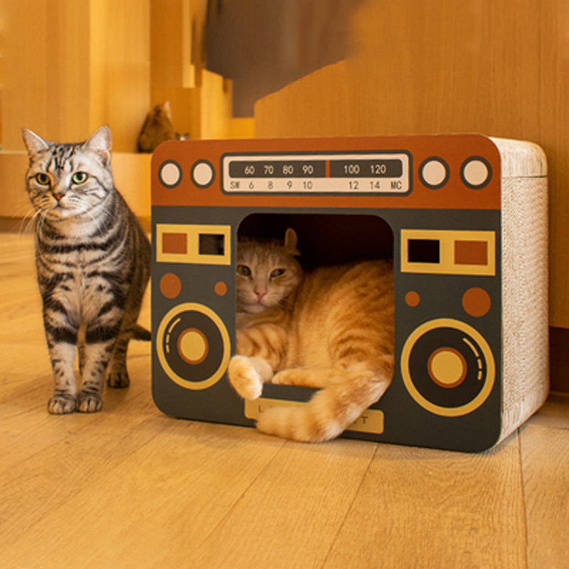 TV Set Scratching Board Enclosed Cat Litter Box House