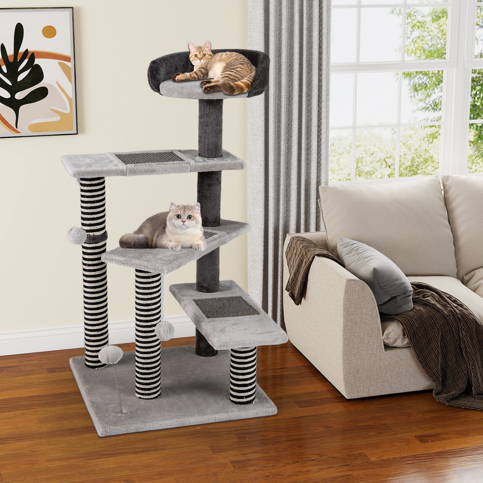 93 CM Tall Cat Tree Kitten Tower with Sisal and Jute Scratching Posts-Gray - Majestic Pet Kingdom