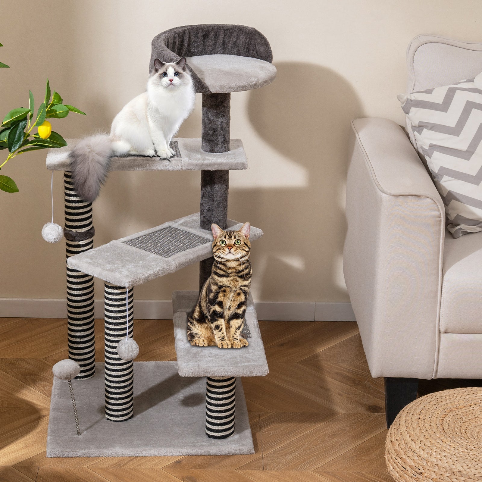93 CM Tall Cat Tree Kitten Tower with Sisal and Jute Scratching Posts-Gray - Majestic Pet Kingdom