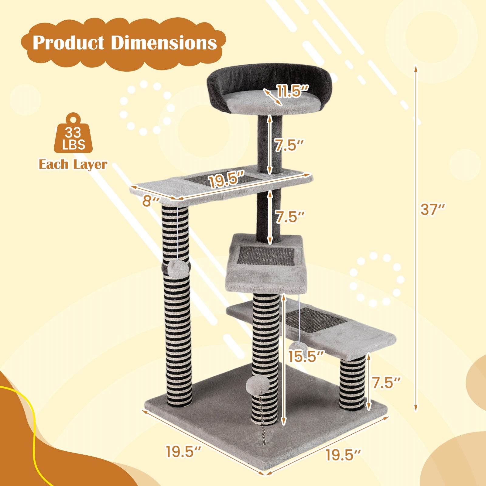 93 CM Tall Cat Tree Kitten Tower with Sisal and Jute Scratching Posts-Gray - Majestic Pet Kingdom
