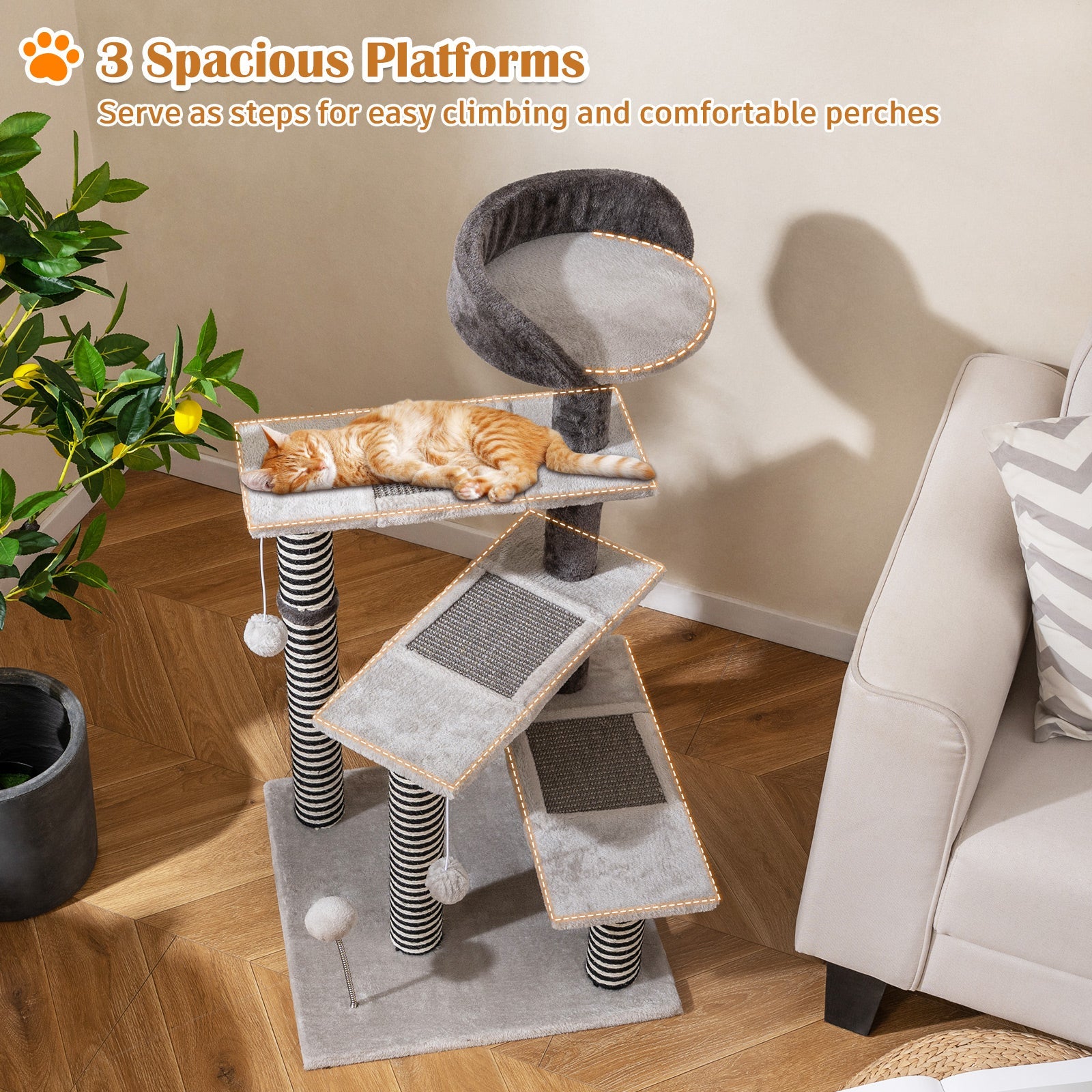 93 CM Tall Cat Tree Kitten Tower with Sisal and Jute Scratching Posts-Gray - Majestic Pet Kingdom